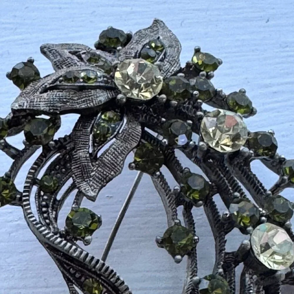 Vintage Floral Rhinestone Brooch with Green Crystals